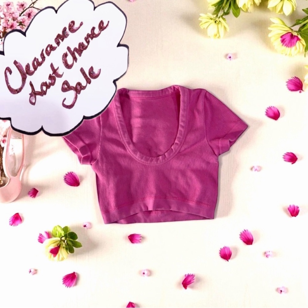 ALO Yoga Pink Ribbed Short Sleeve Crop Top